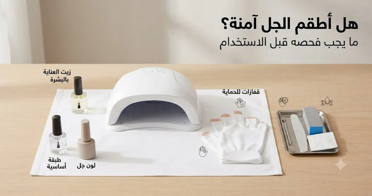تجهيز آمن لطقم أظافر جل مع مصباح تجفيف وقفازات وزيت للجلد المحيط بالأظافر وأدوات مانيكير مرتبة
