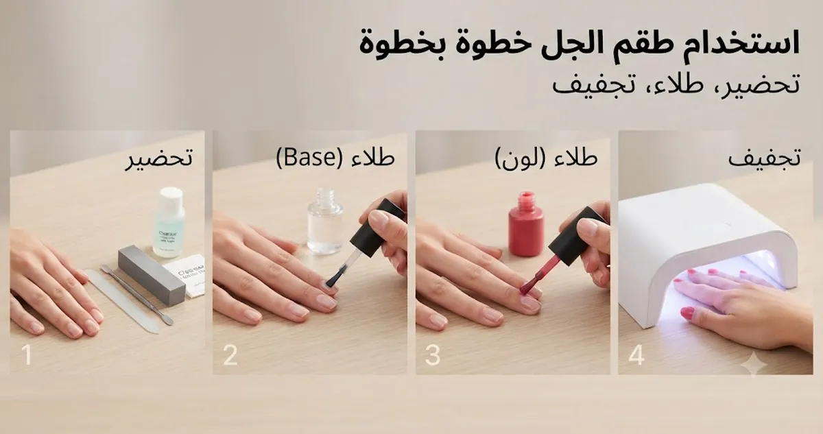 تطبيق طقم أظافر جل خطوة بخطوة مع أدوات التحضير وطبقات الطلاء ومصباح التجفيف