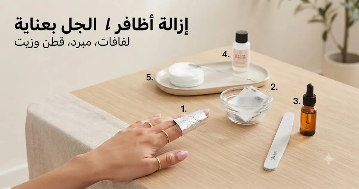 تجهيز إزالة أظافر الجل باستخدام لفافات مزيل ومبرد أظافر وقطع قطن وزيت للجلد المحيط بالأظافر