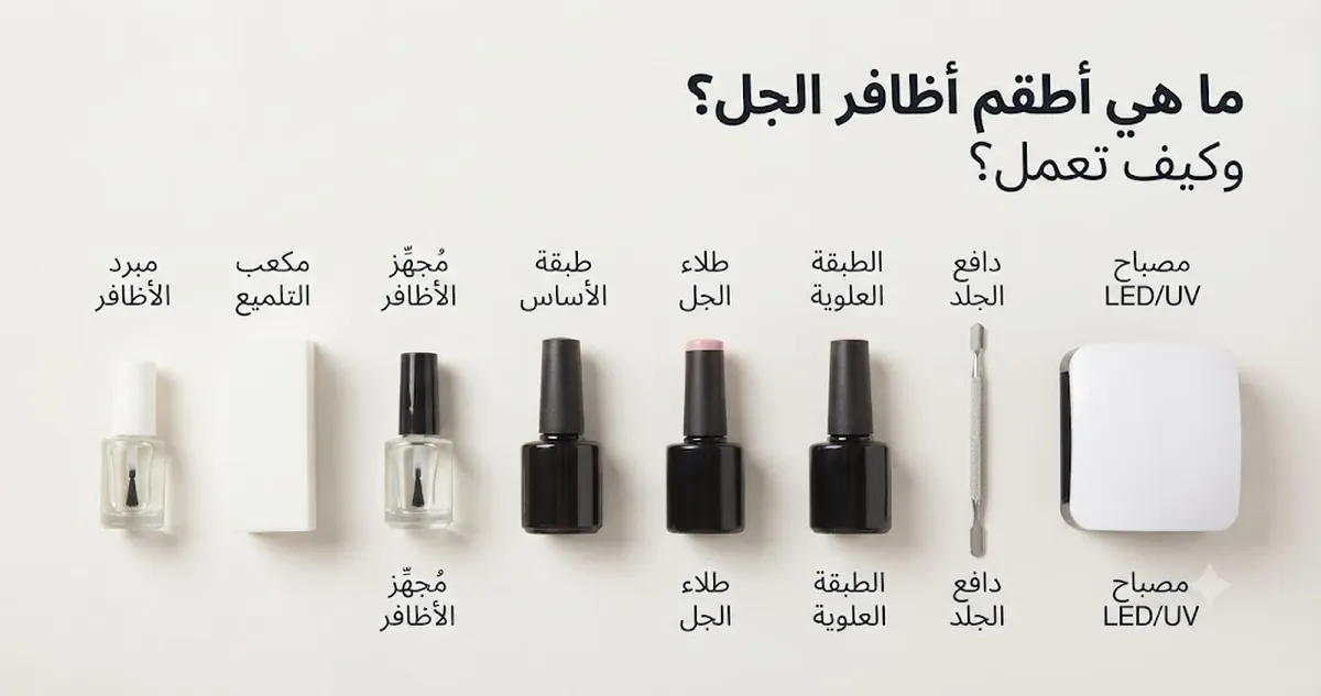 أجزاء طقم أظافر جل تضم طلاء الجل والمصباح وطبقة الأساس والطبقة العلوية وأدوات تحضير الأظافر
