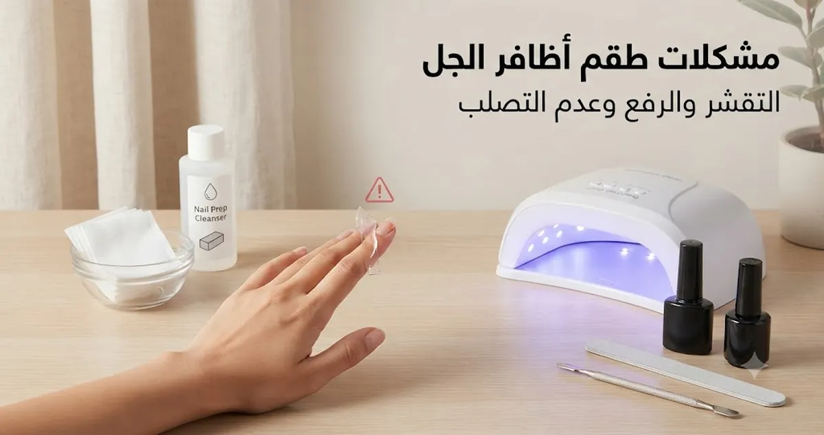 مشكلات أظافر الجل مع طلاء متقشر ومصباح تجفيف وأدوات تحضير الأظافر