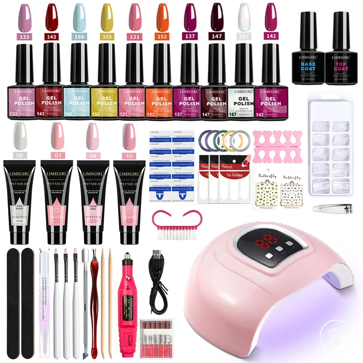 Gel-Nagelset mit UV-Nagellampe, elektrischem Nagelfräser, Base Coat, Top Coat und Werkzeugen