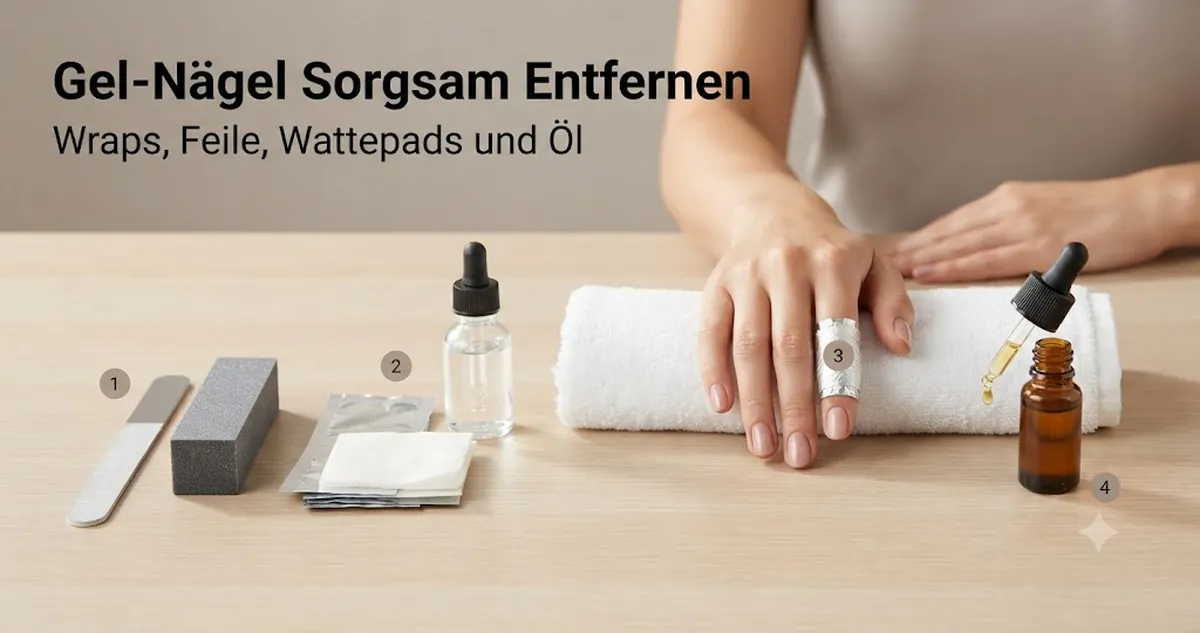 Vorbereitung zur Entfernung von Gel-Nägeln mit Remover-Wraps, Nagelfeile, Wattepads und Nagelhautöl