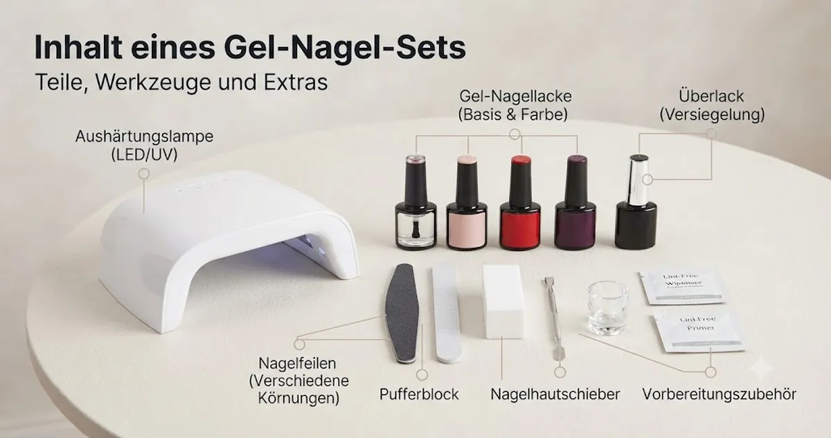 Geöffnetes Gel-Nagel-Set mit Aushärtungslampe, Nagellacken, Nagelfeilen, Buffer und Zubehör zur Vorbereitung