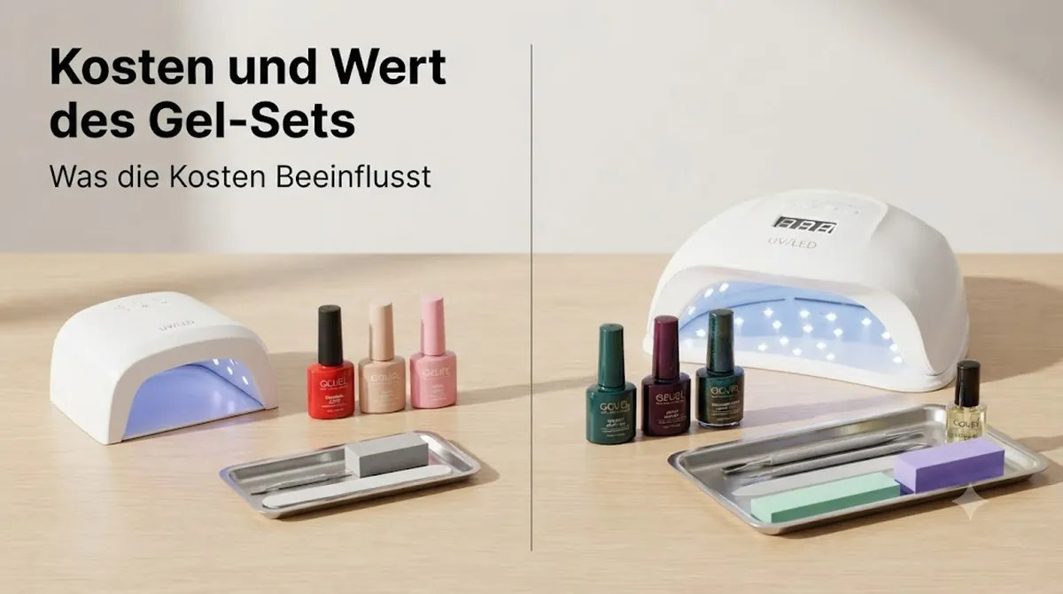 Teile eines Gel-Nagel-Sets nach Wert angeordnet, mit Lampe, Farblacken und Maniküre-Zubehör