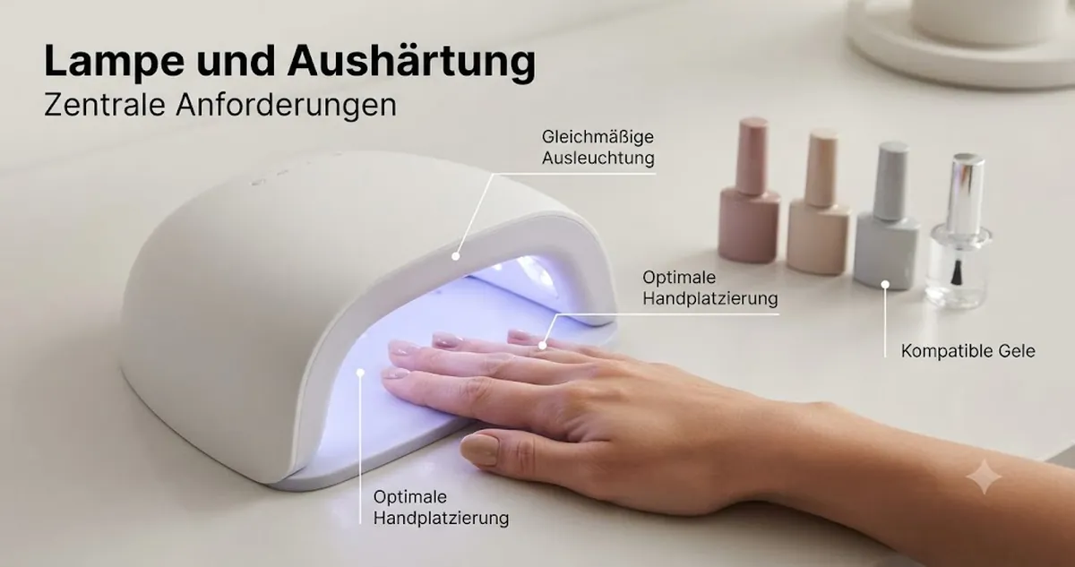 Gel-Nagel-Aushärtungslampe mit Gel-Nagellackflaschen und einer Hand, die zum Aushärten positioniert ist