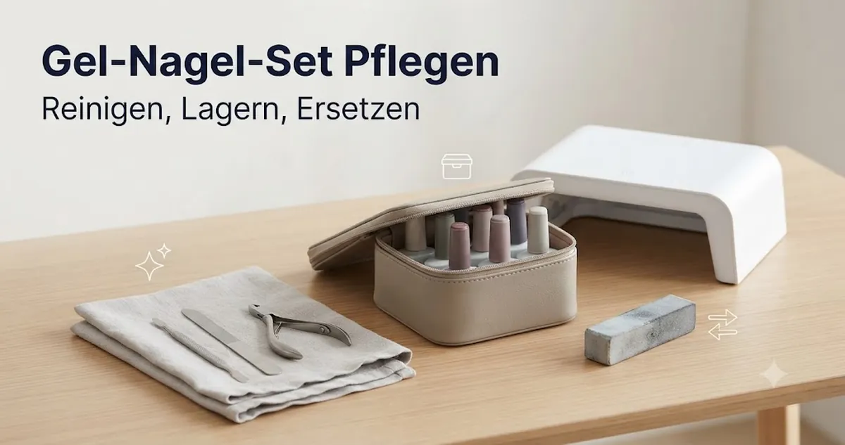 Pflege eines Gel-Nagel-Sets mit gereinigten Werkzeugen, geordneten Nagellackflaschen, Lampe und Aufbewahrungstasche