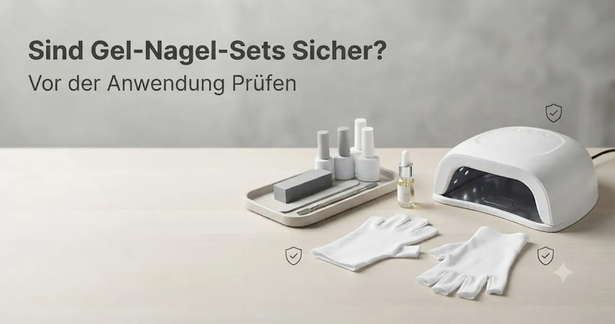Sicher vorbereitete Gel-Nagel-Anwendung mit Aushärtungslampe, Handschuhen, Nagelhautöl und geordneten Maniküre-Werkzeugen