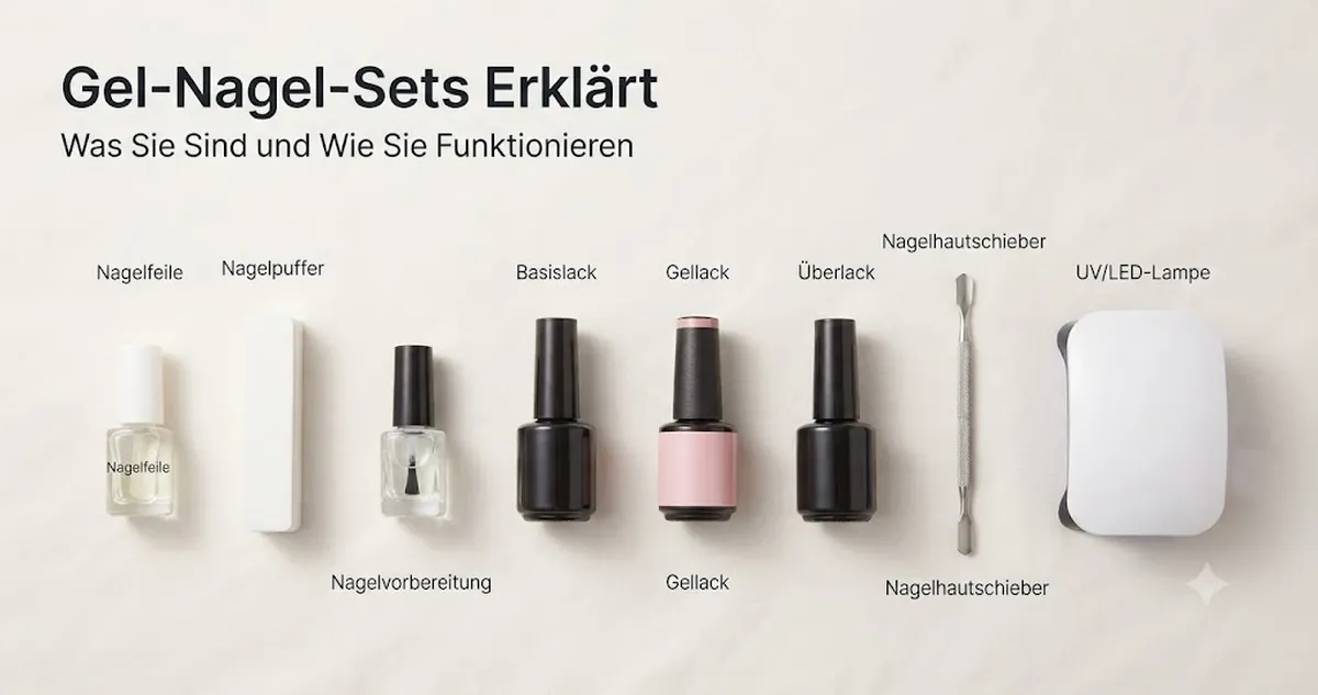 Teile eines Gel-Nagel-Sets mit Nagellack, Lampe, Base Coat, Top Coat und Werkzeugen zur Nagelvorbereitung