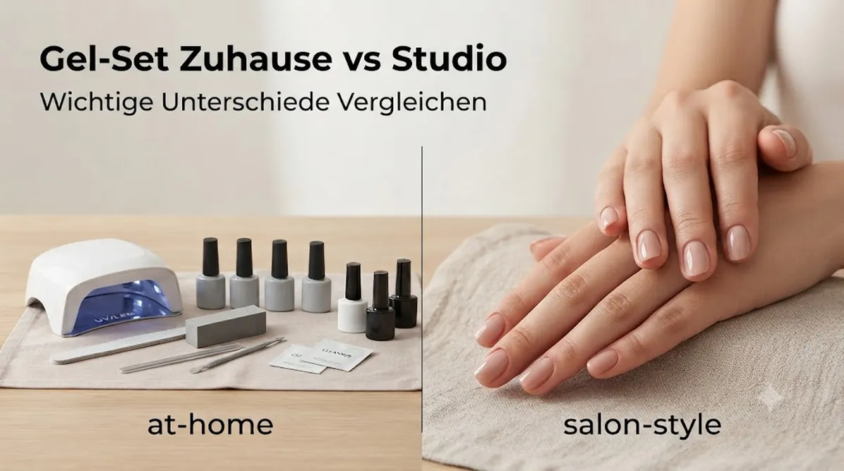 Gel-Nagel-Set für zu Hause neben einem fertigen Gel-Maniküre-Ergebnis im Studio-Look