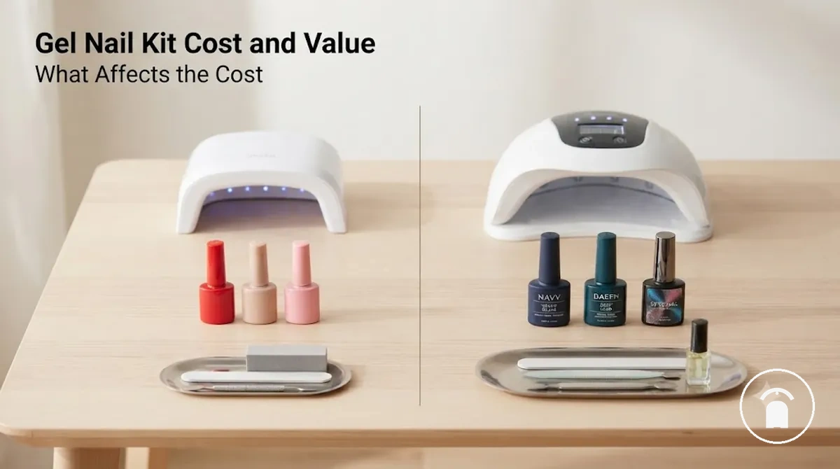 Gel nail kit components arranged by value, including lamp, polish colors, and manicure accessories