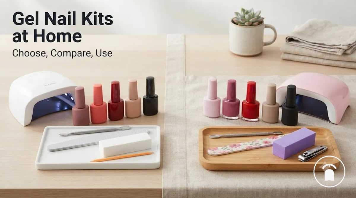 At-home gel nail kit with lamp, gel polish bottles, and manicure tools arranged together
