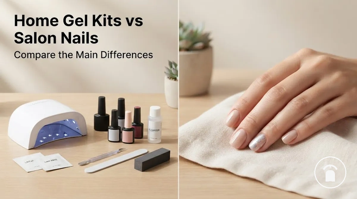 At-home gel nail kit beside a finished salon-style gel manicure result