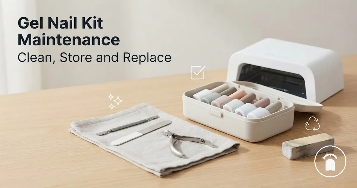 Gel nail kit maintenance setup with cleaned tools, organized polish bottles, lamp, and storage case