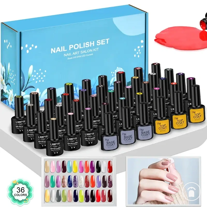 42-piece gel nail polish kit with hybrid varnish, base coat, and top coat