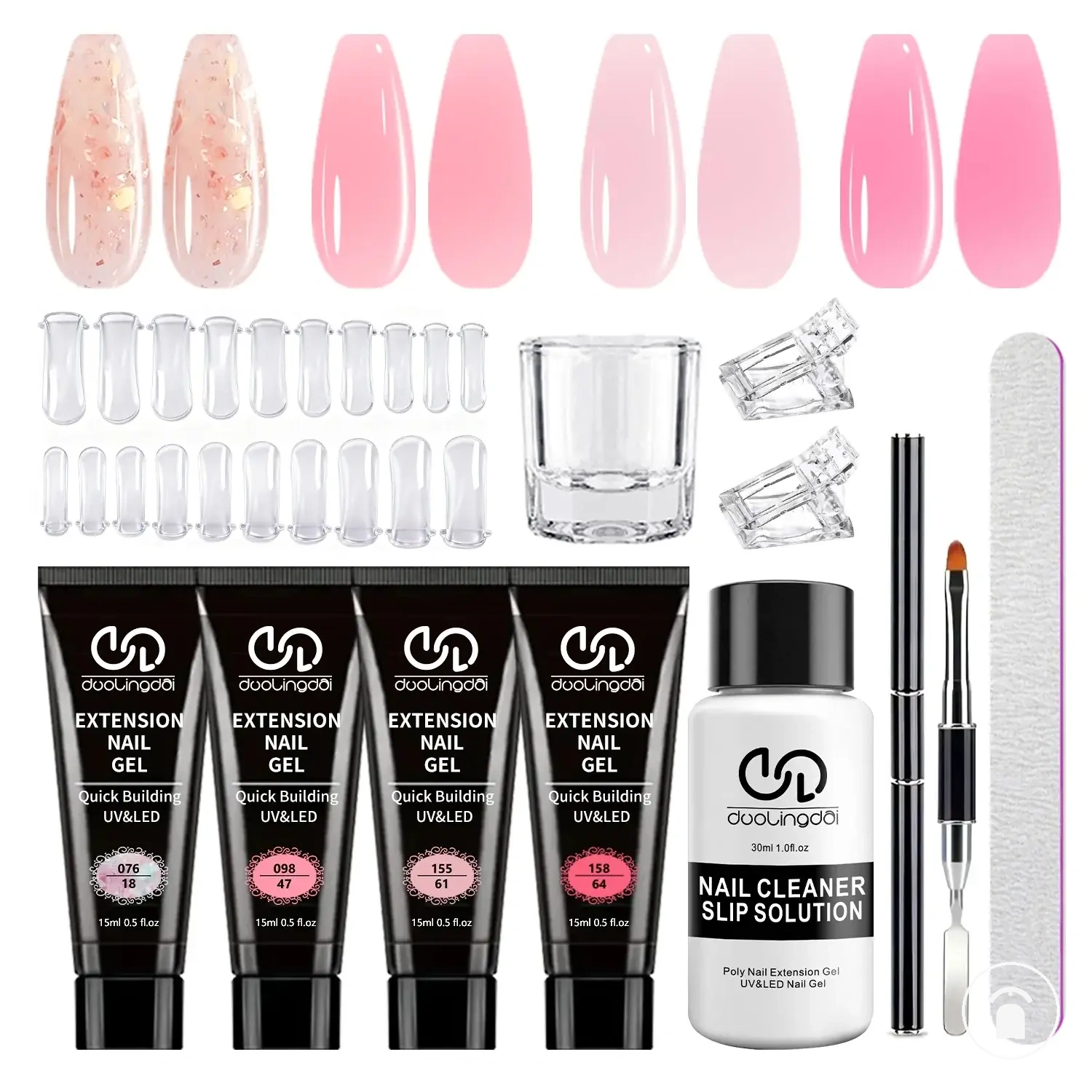 Four-color natural clear poly gel nail kit for DIY salon-style home manicures
