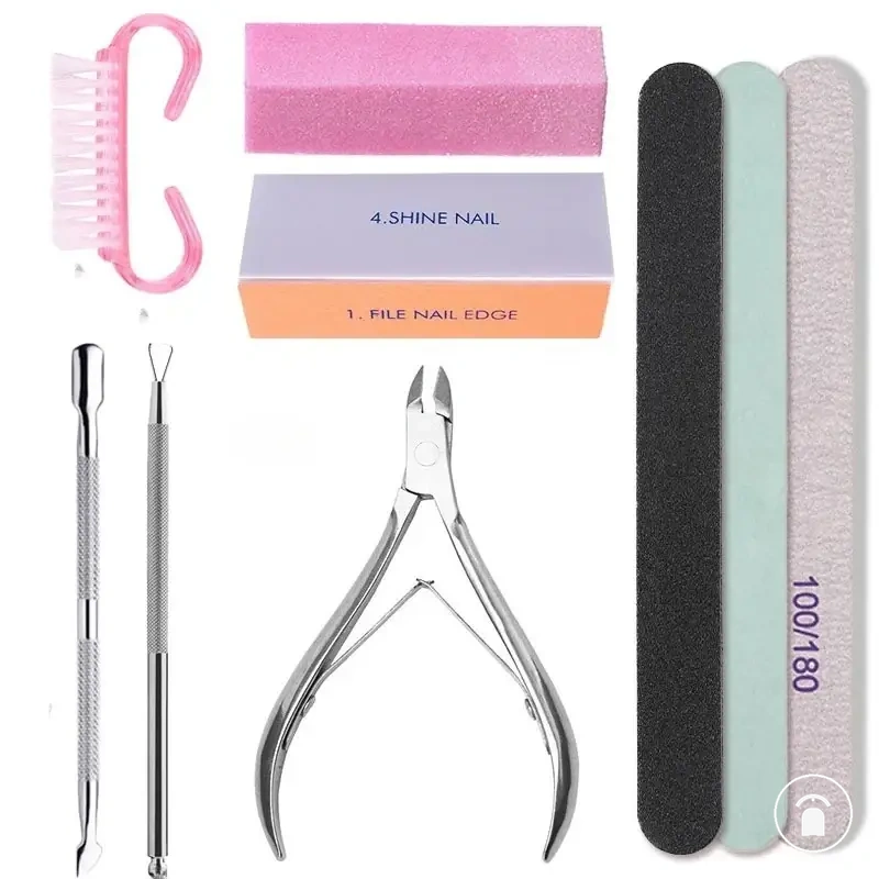 Manicure tool kit with nail files, buffer sponge, brush, scissors, and cuticle nipper