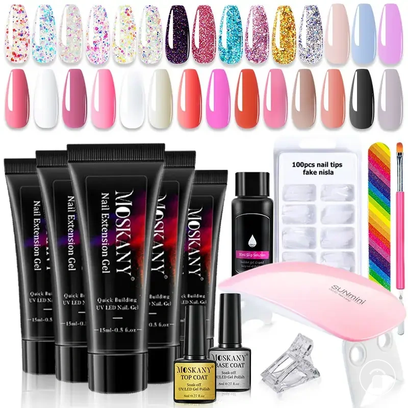 Poly nail gel extension kit with 6W LED lamp, nail tips, and manicure tools
