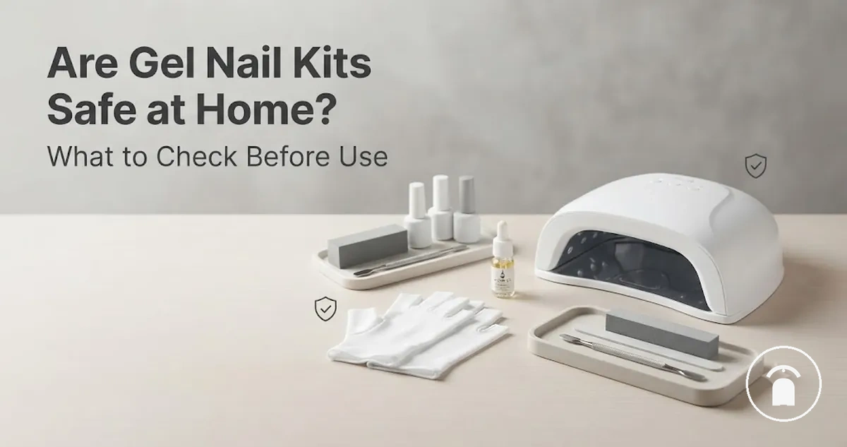 Safe gel nail kit setup with curing lamp, gloves, cuticle oil, and organized manicure tools