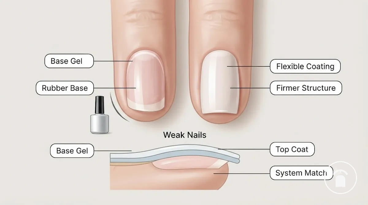 Rubber base gel and flexible coating options applied to weak natural nails