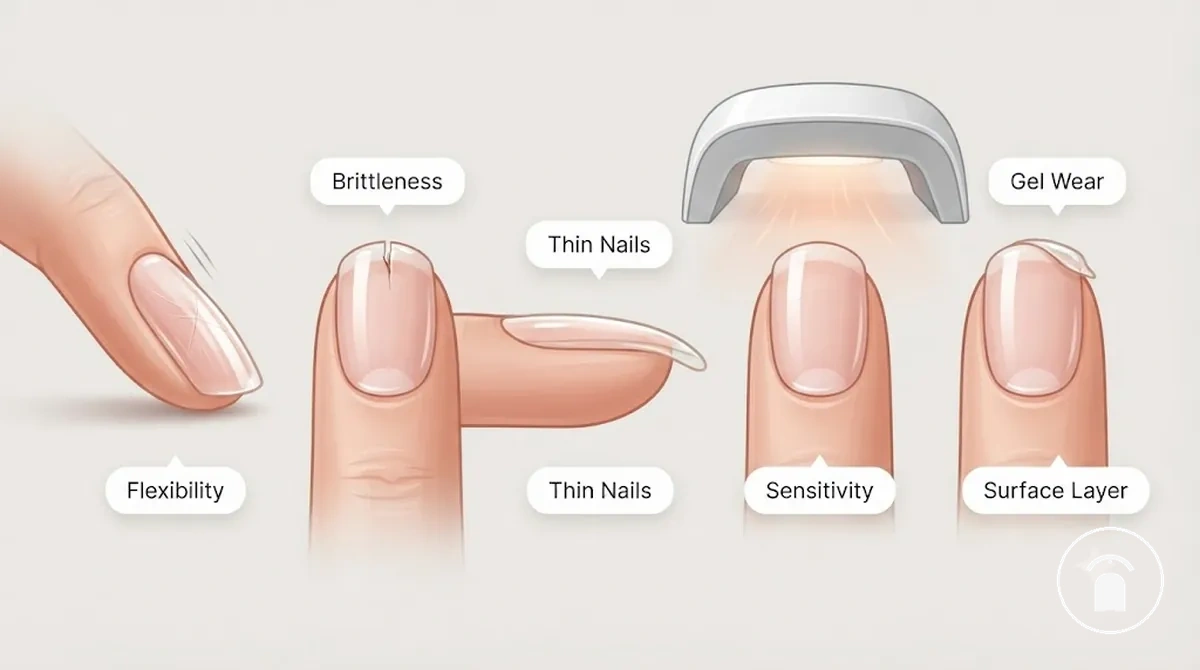 Weak natural nails showing flexibility, brittleness, thickness, and gel wear considerations