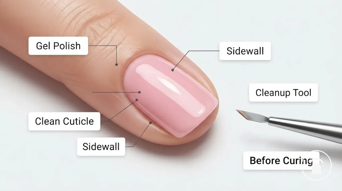 Annotated nail showing uncured gel polish kept off cuticles and sidewalls before curing