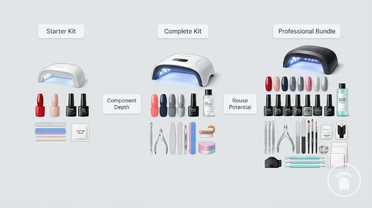 Comparison of gel nail kit starter complete and professional-style bundle component depth