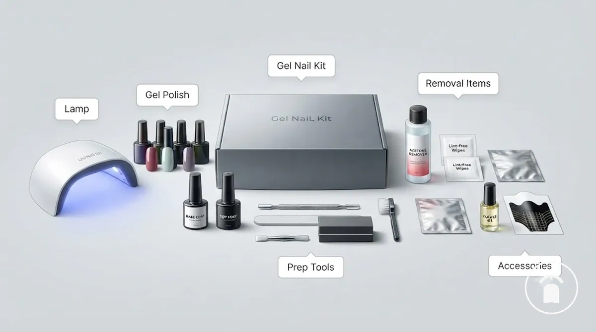 Gel nail kit components including lamp polish coats prep tools and accessories arranged by value