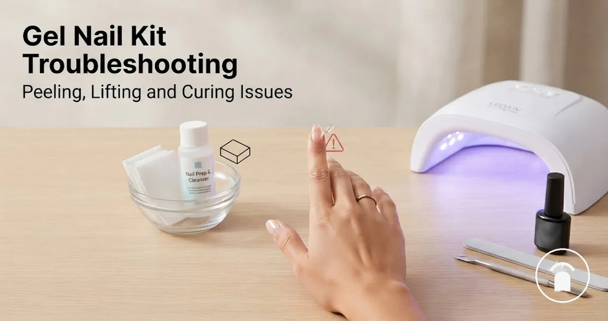 Gel nail troubleshooting scene showing peeling polish, curing lamp, and nail prep tools