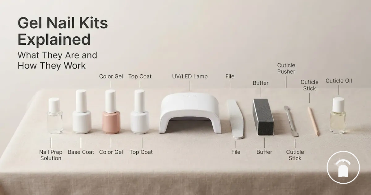 Gel nail kit components showing polish, lamp, base coat, top coat, and nail prep tools