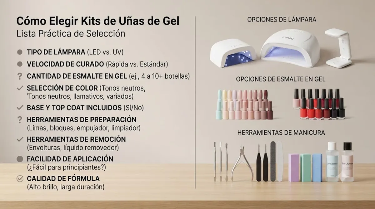 Lista de comparación para kits de uñas de gel junto a opciones de lámpara, esmalte y herramientas