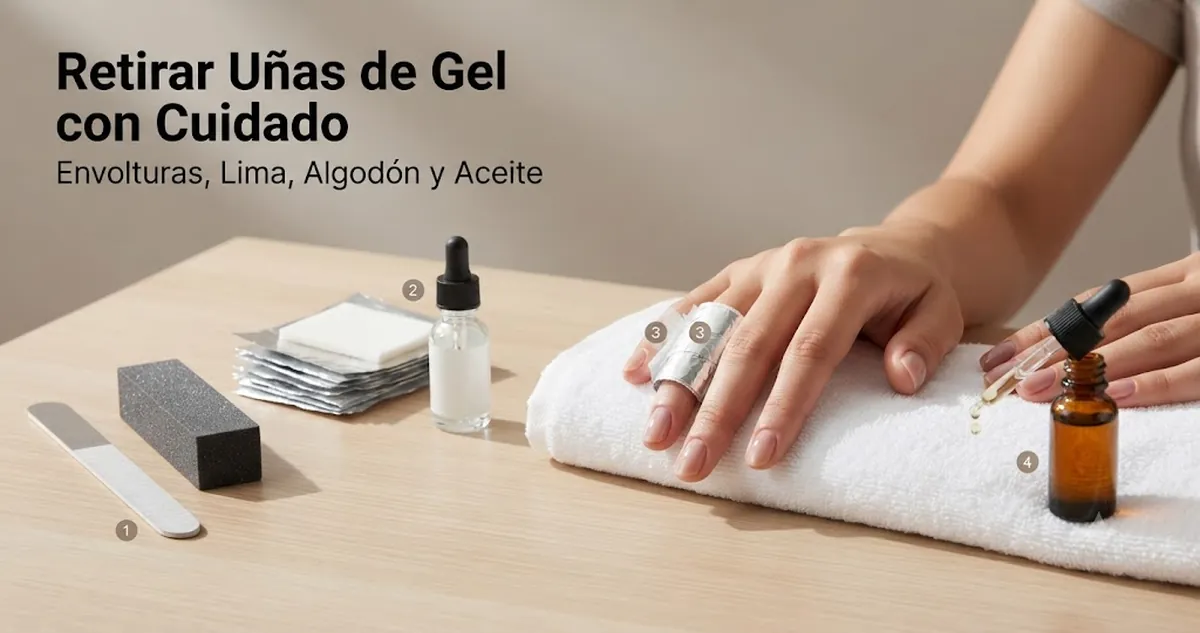 Retirada de uñas de gel con envolturas removedoras, lima, discos de algodón y aceite de cutículas