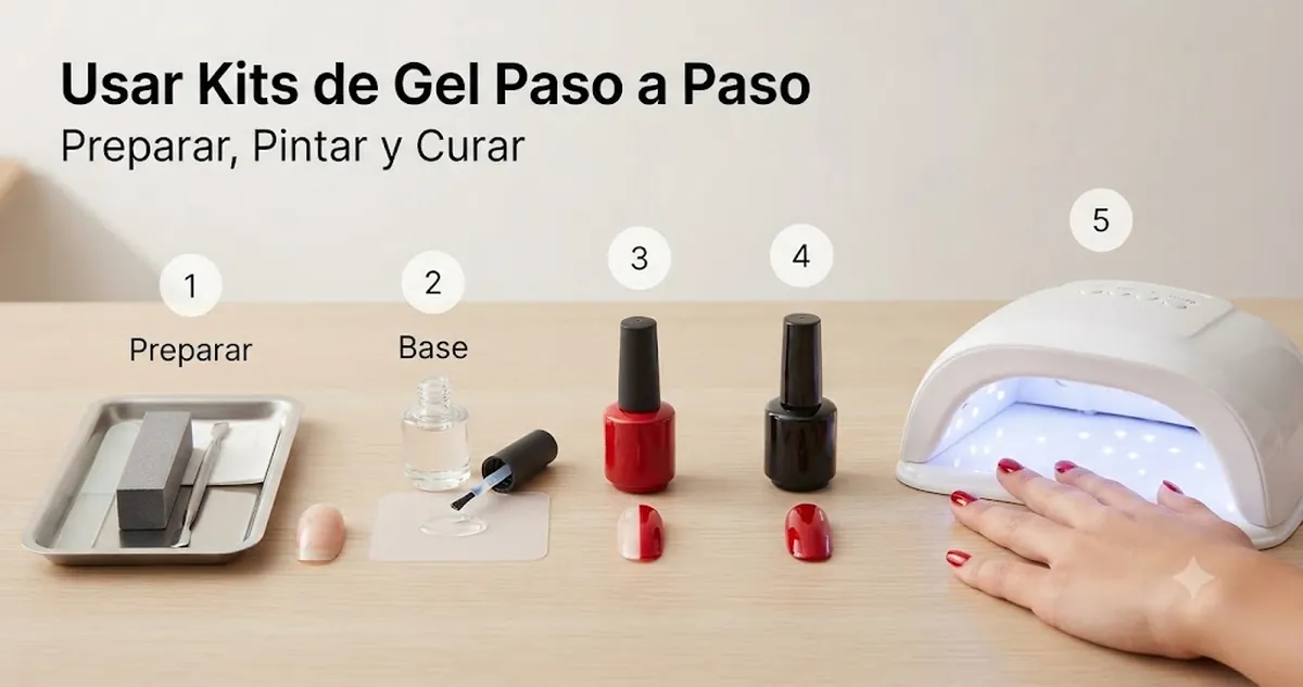 Aplicación paso a paso de un kit de uñas de gel con herramientas de preparación, capas de esmalte y lámpara de curado