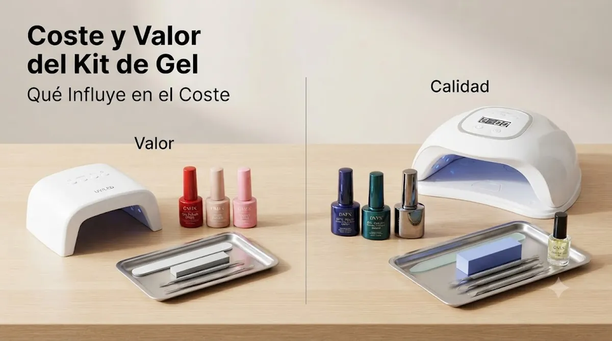 Partes de un kit de uñas de gel ordenadas por valor, con lámpara, esmaltes de colores y accesorios de manicura