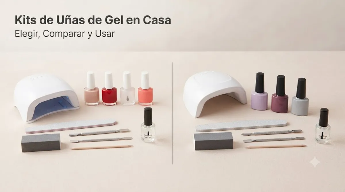 Kit de uñas de gel para casa con lámpara, esmaltes de gel y herramientas de manicura colocados juntos
