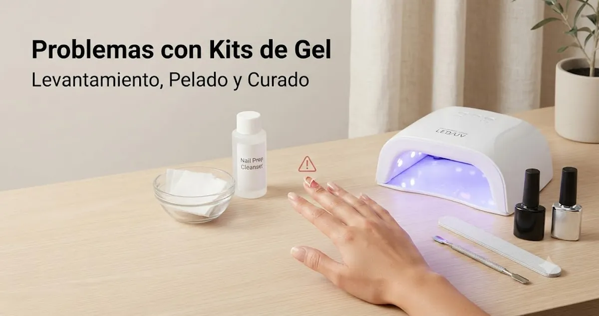 Problemas en uñas de gel con esmalte levantado, lámpara de curado y herramientas de preparación