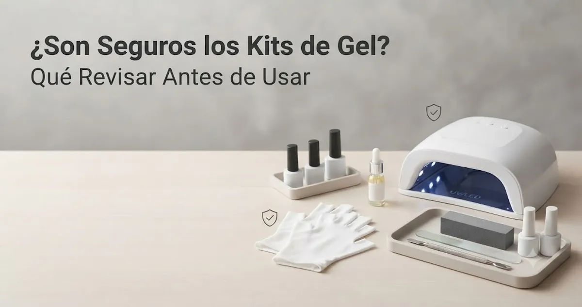 Preparación segura de un kit de uñas de gel con lámpara de curado, guantes, aceite de cutículas y herramientas ordenadas