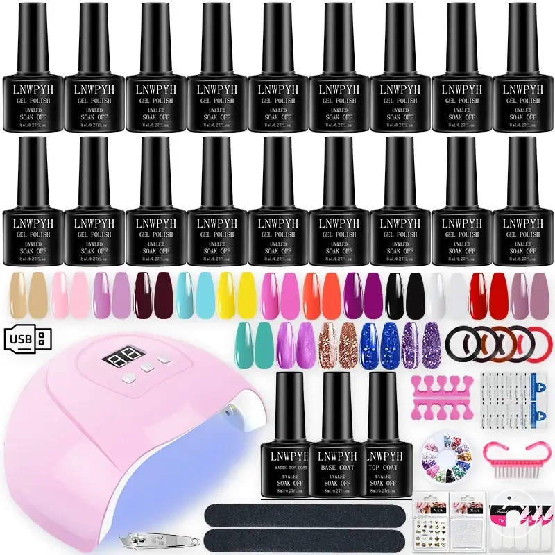 Kit de uñas de gel de 18 colores con lámpara LED, base, top coat, esmalte y herramientas de uñas