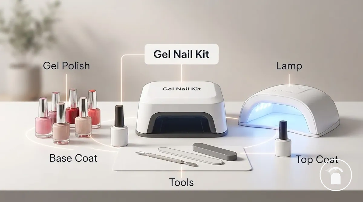 Componentes de un kit de uñas de gel que incluyen lámpara, esmalte y herramientas de manicura