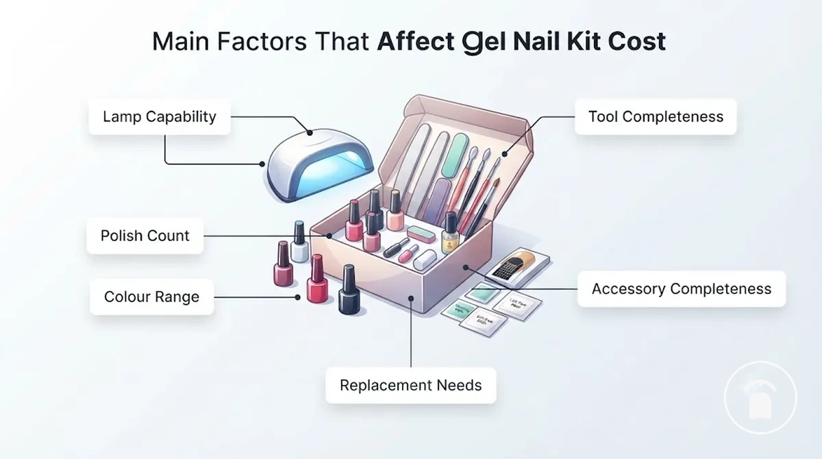Diagrama que muestra los factores de coste de un kit de uñas de gel, incluyendo lámpara, esmalte, herramientas, accesorios y consideraciones de reposición