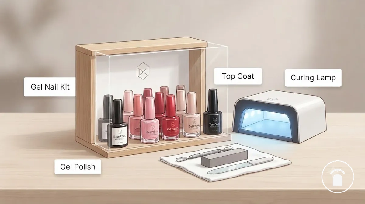 Componentes de un kit de uñas de gel que muestran esmalte, lámpara, capa base y capa superior