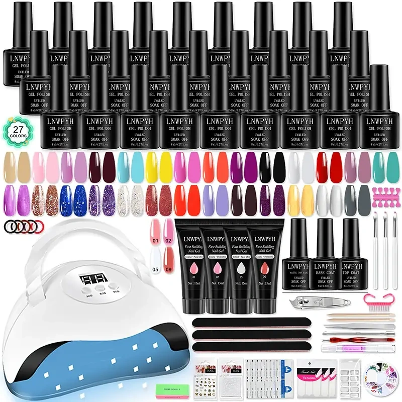 Kit vernis gel 27 couleurs avec lampe LED, vernis soak-off, base coat et top coat