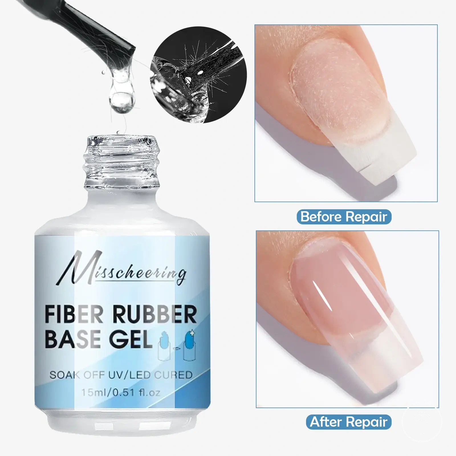Gel base rubber transparent avec fibre pour réparer les ongles cassés et les manucures UV LED soak-off