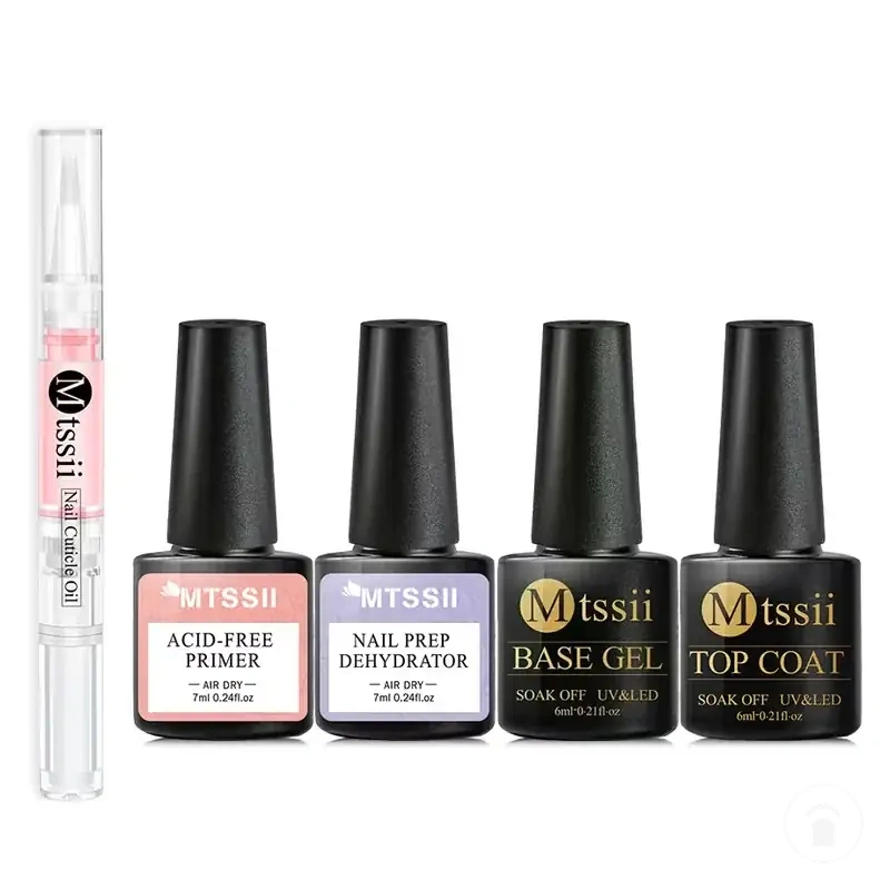Set gel pour ongles cinq pièces avec primer, déshydratant, base coat, top coat et huile pour cuticules