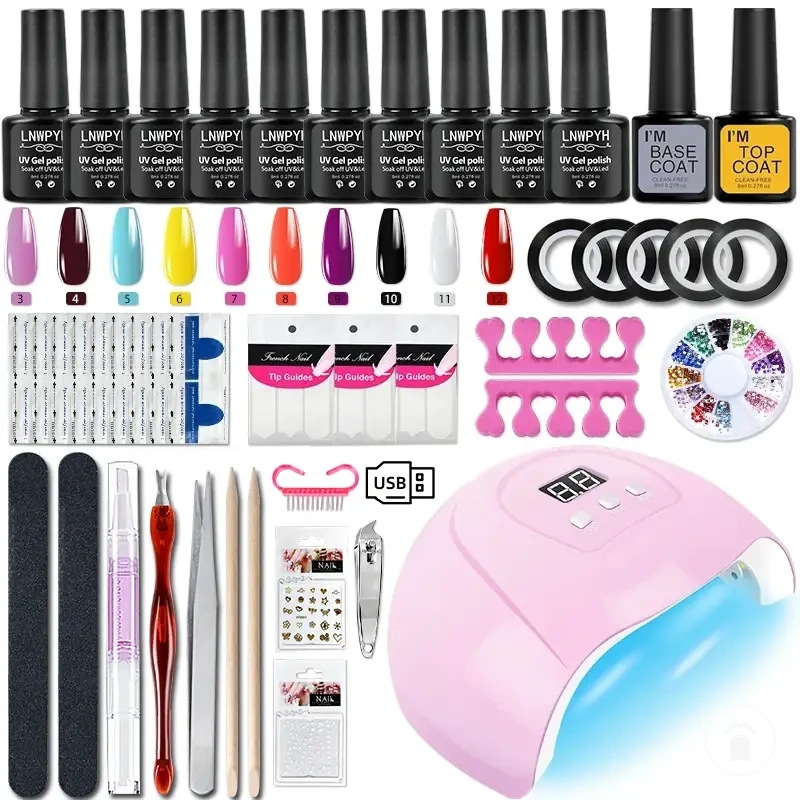 Kit vernis gel avec lampe à ongles, vernis gel soak-off, base coat, top coat et outils