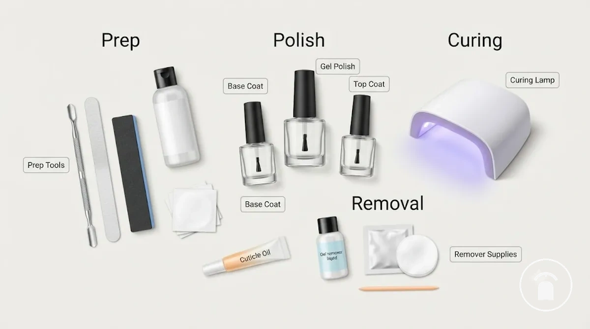 Articles essentiels d’un kit d’ongles en gel pour la préparation, le vernis, la polymérisation et le retrait