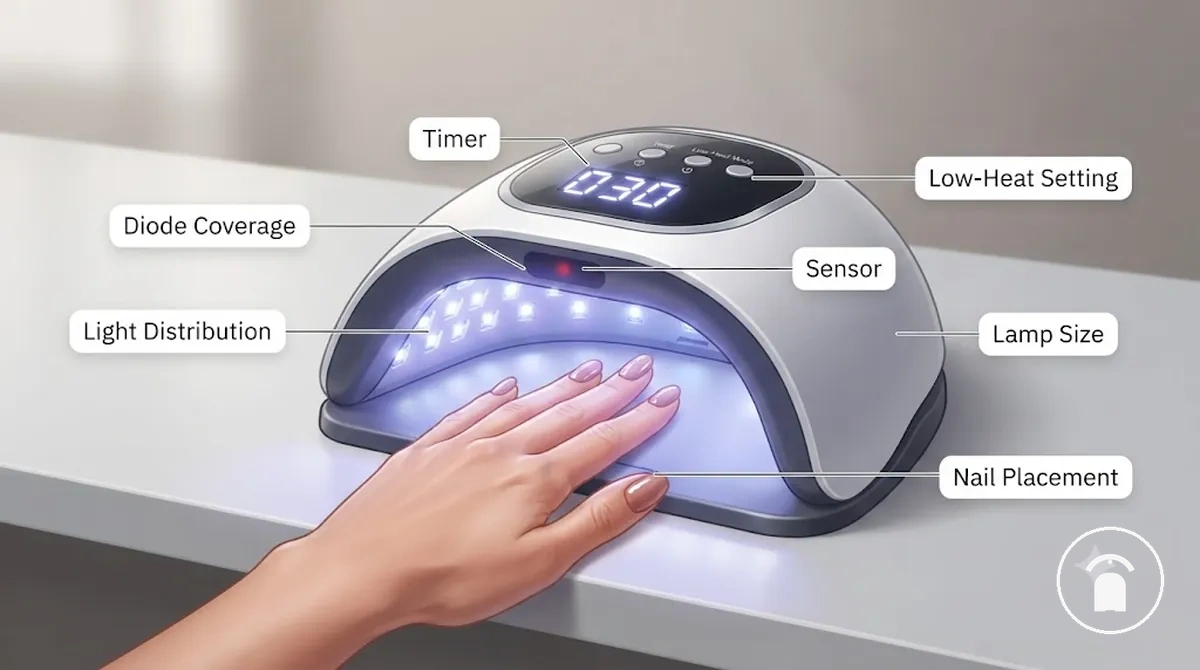 Lampe à ongles en gel annotée montrant les diodes, la minuterie, le capteur, la taille de la chambre de catalysation et les facteurs de positionnement de la main affectant la régularité de la catalysation