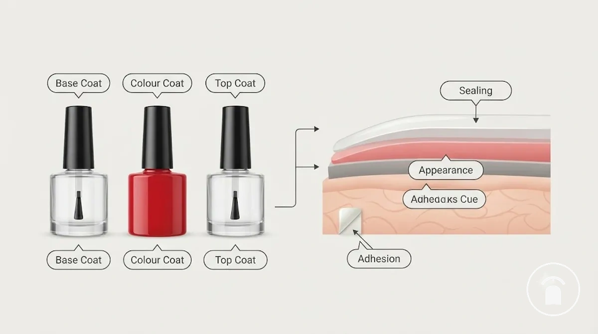 Flacons de gel annotés montrant la base coat, la couche de couleur et la top coat