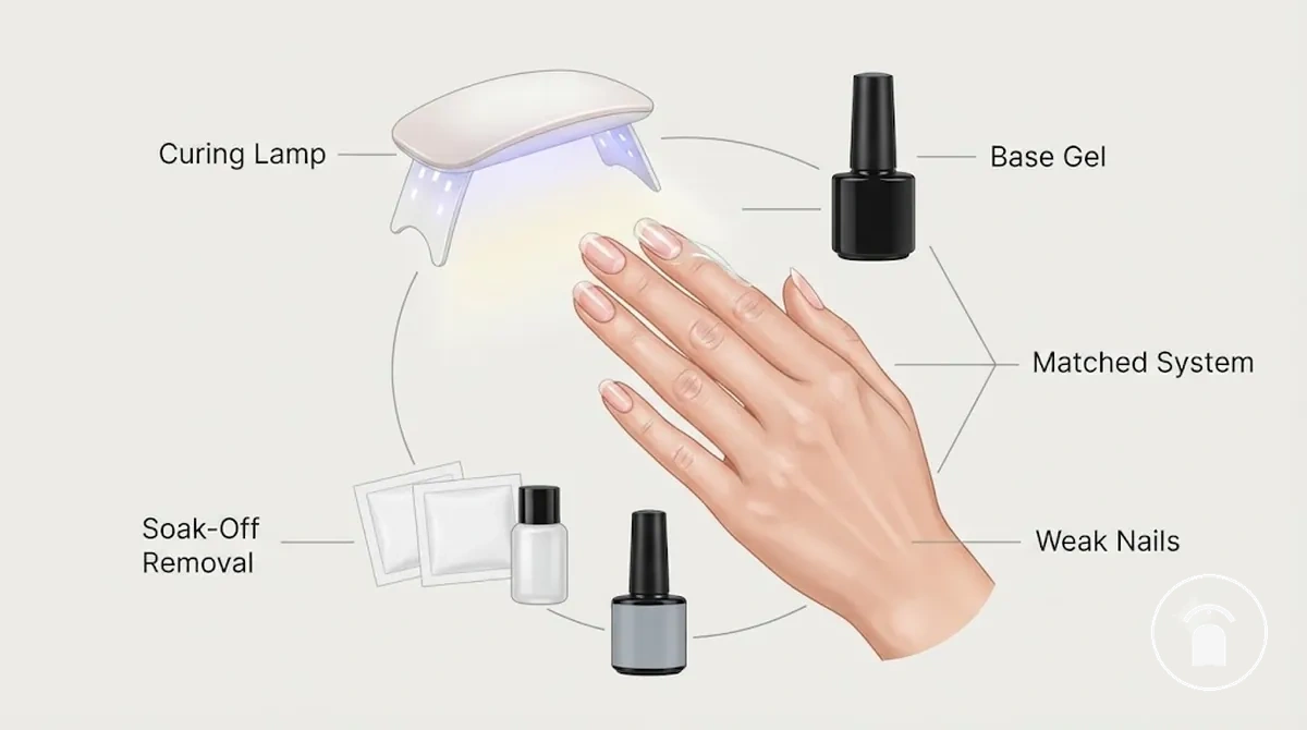Composants d un kit d ongles en gel incluant une base gel, une lampe de polymérisation et des produits de retrait pour ongles fragiles