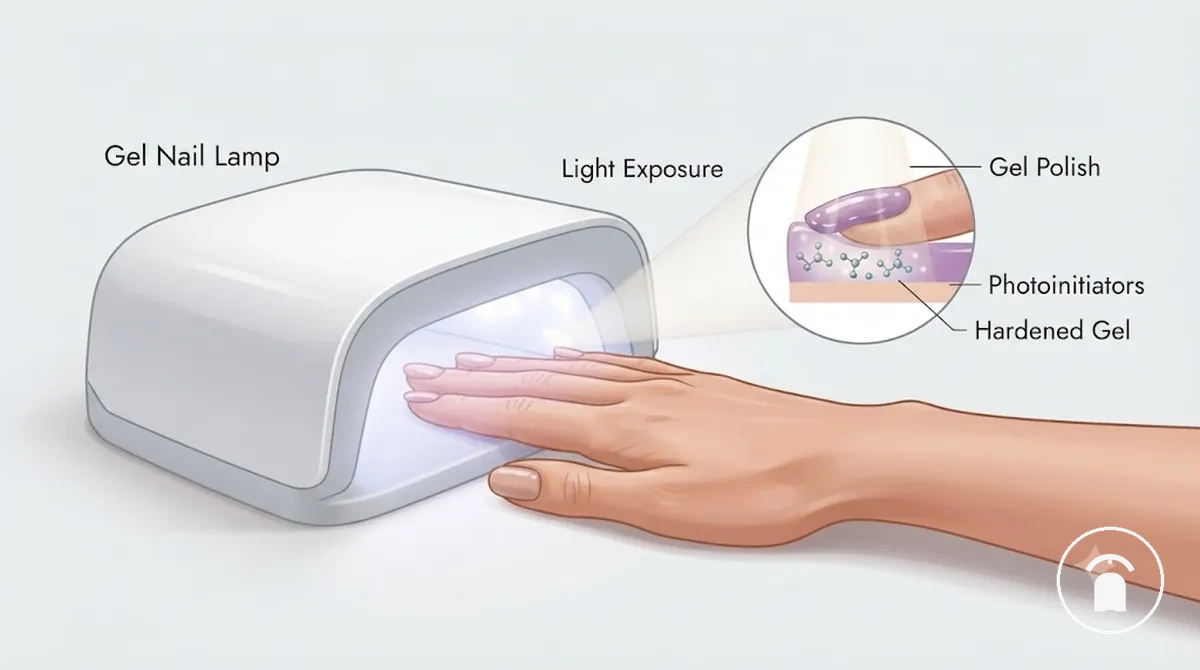 Lampe à ongles en gel dirigeant un rayonnement lumineux vers une couche de vernis gel pendant la catalysation